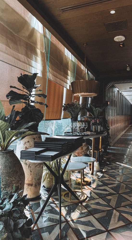 Geometric specialty flooring in an elegant commercial interior