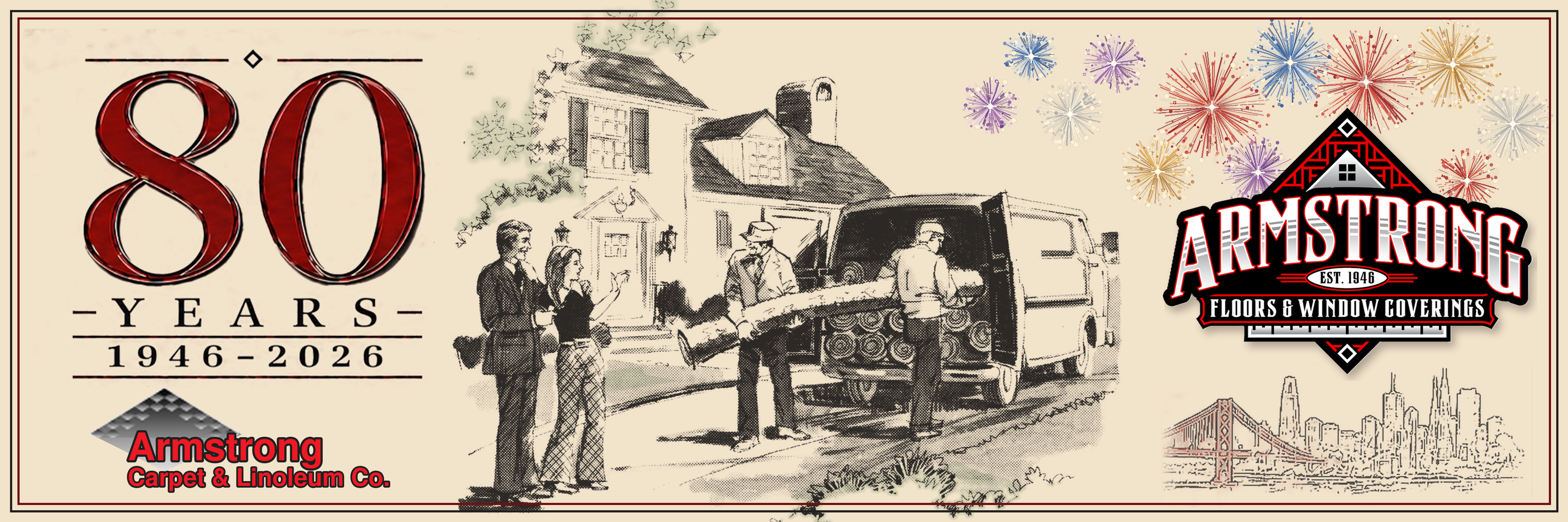 Armstrong Floors & Window Coverings celebrating 80 years, 1946–2026, serving the San Francisco community.